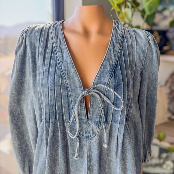 Lalavon,  Denim Pleated Bow Tie Front Long Sleeve Mini Dress, Women’s Large - Picture 6 of 13